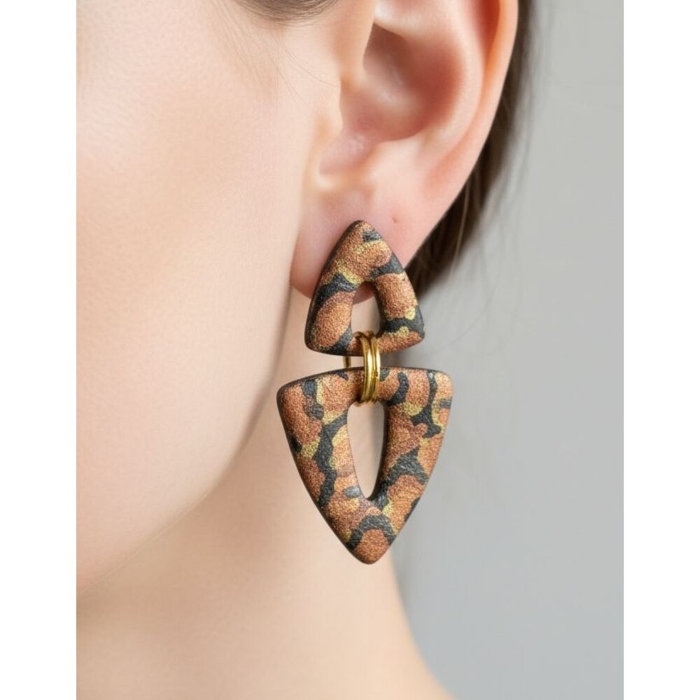 Polymer Clay Dangle Earrings Copper Gold Black Animal Print Handmade SS Posts